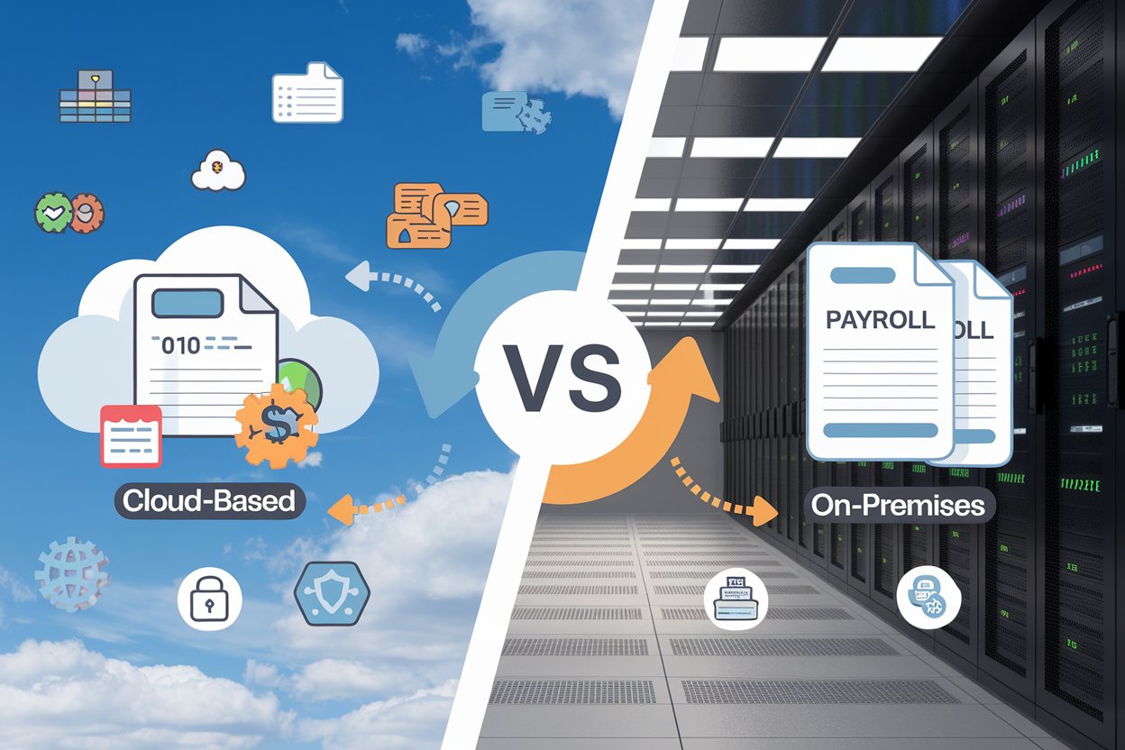 Cloud-based vs on-premises payroll software comparison infographic